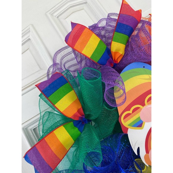 Everyone is Welcome Here Rainbow Gnome Pride Flag LGBTQ Sign Mesh Ribbon Wreath - Picture 4 of 9